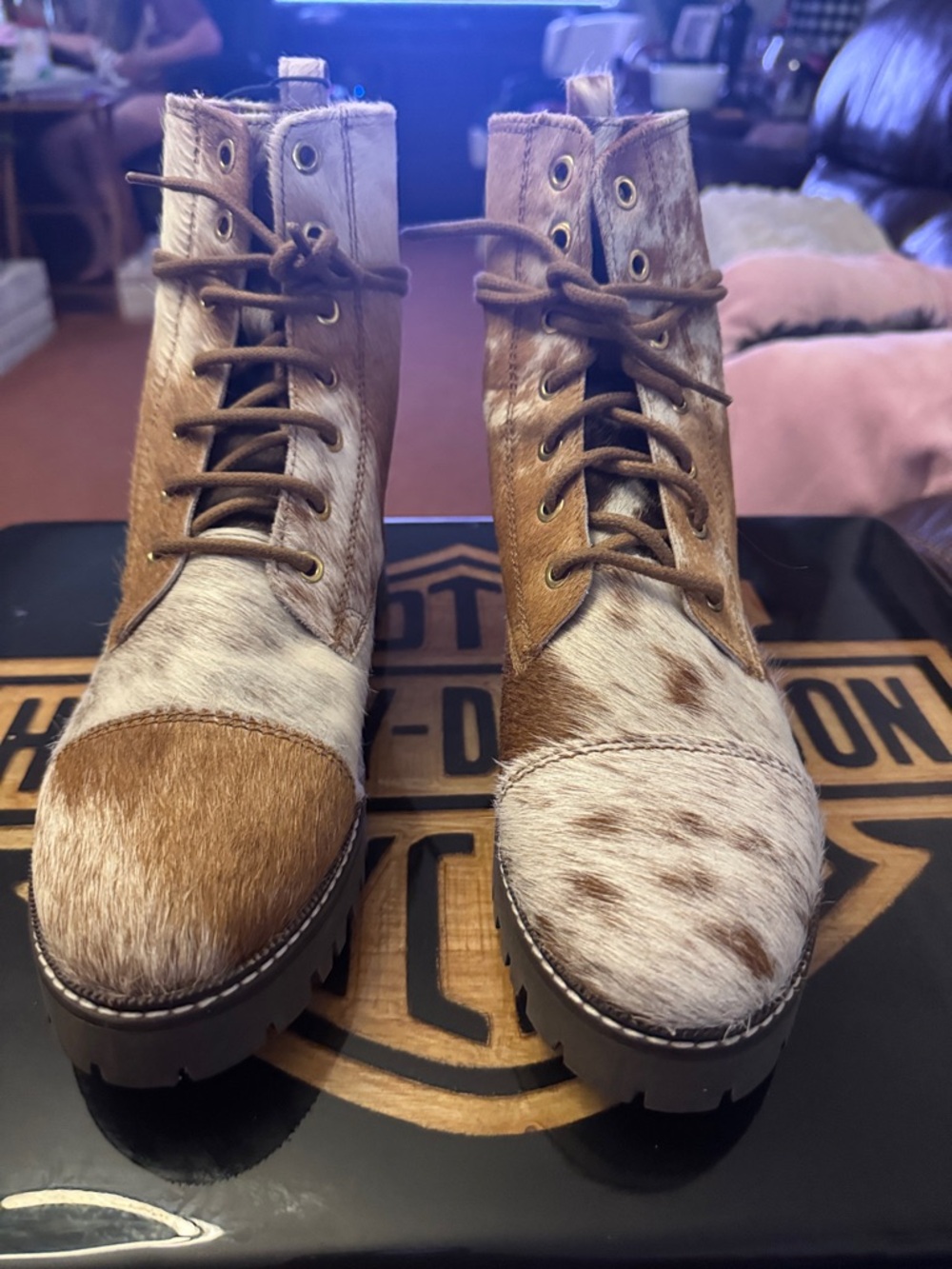 Two-Tone Brown Haircalf Lace-Up Ankle Boots New with tags....